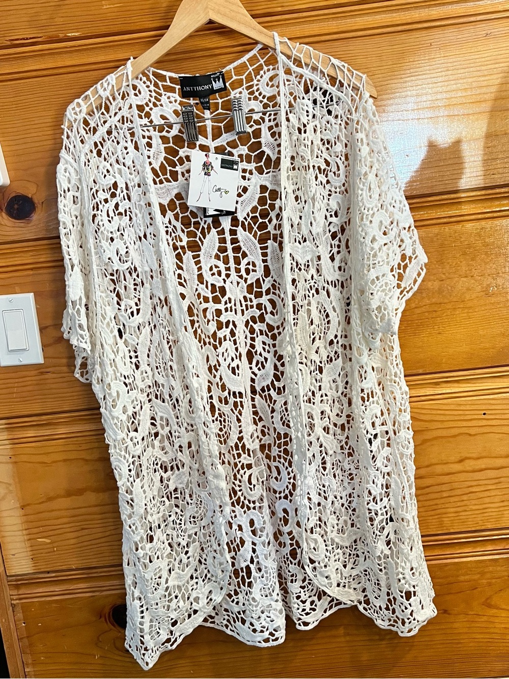NWT Antthony Crochet Lace Duster Kimono XL 1X White Boho Cardigan Swim Cover Up